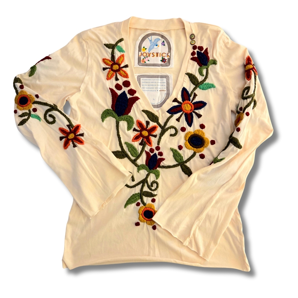 Johnny Was JOYSTICK Women's Cream Floral Long Sleeve Top Size Large